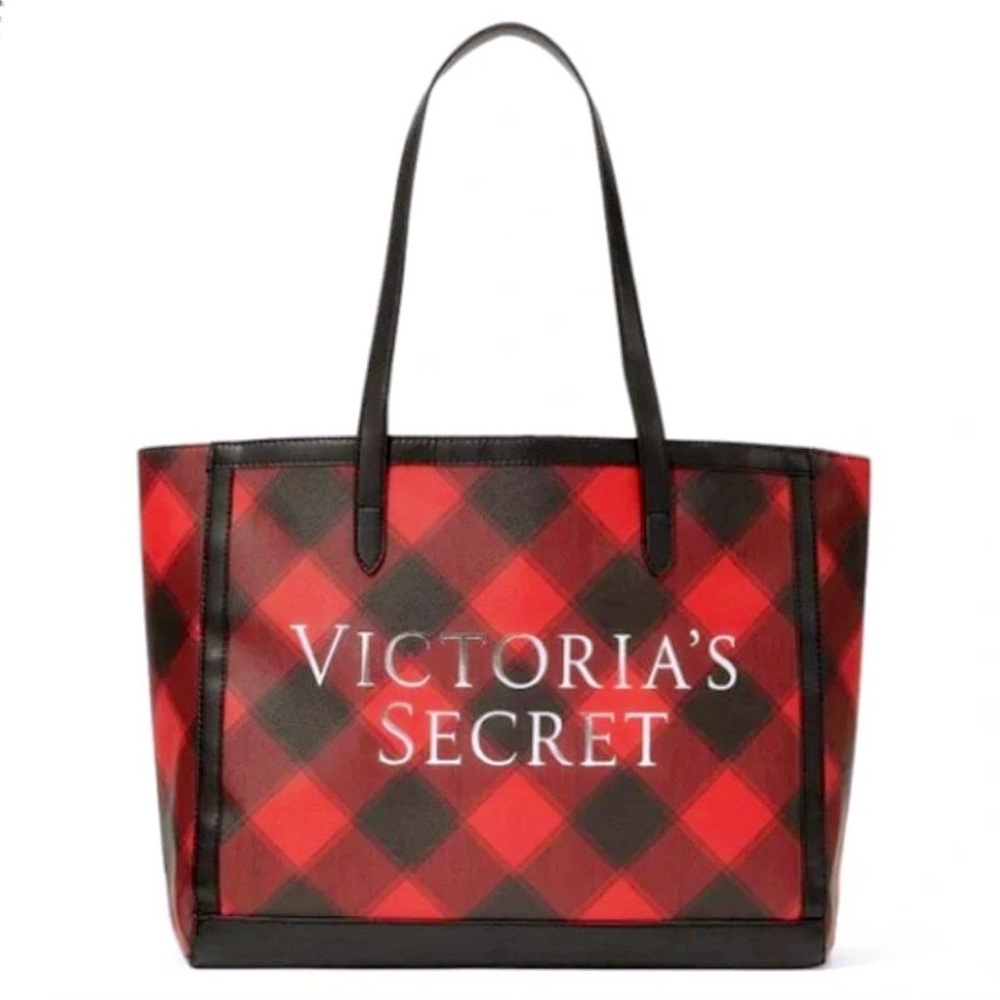 Victoria’s Secret Weekender Tote Bag Black & Red‎ Plaid Silver Metallic Logo